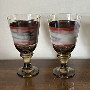 2 Libby Sango Nova Brown 7" Water Goblet Wine Glass Brown Rust Grey Rings MCM